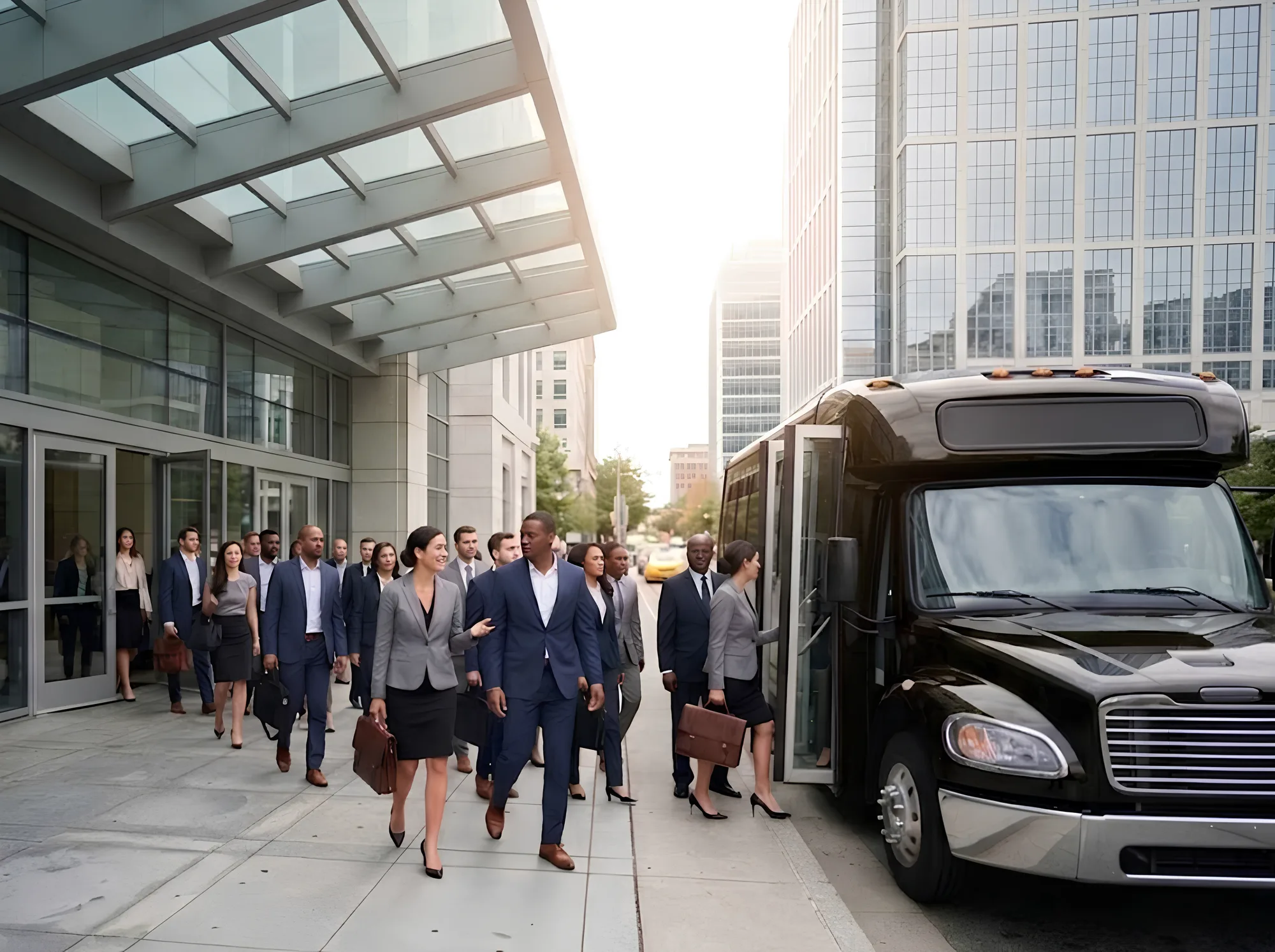 Corporate group boarding an Elevated shuttle outside an office building